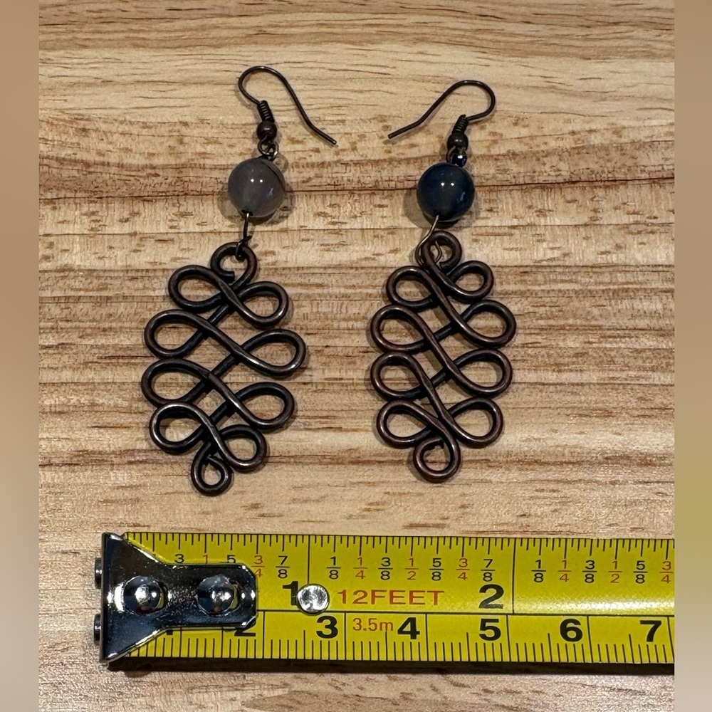 Celtic Knot Antique Copper Wire Wrap Dangle Earrings with Agate Beads - Picture 15 of 15